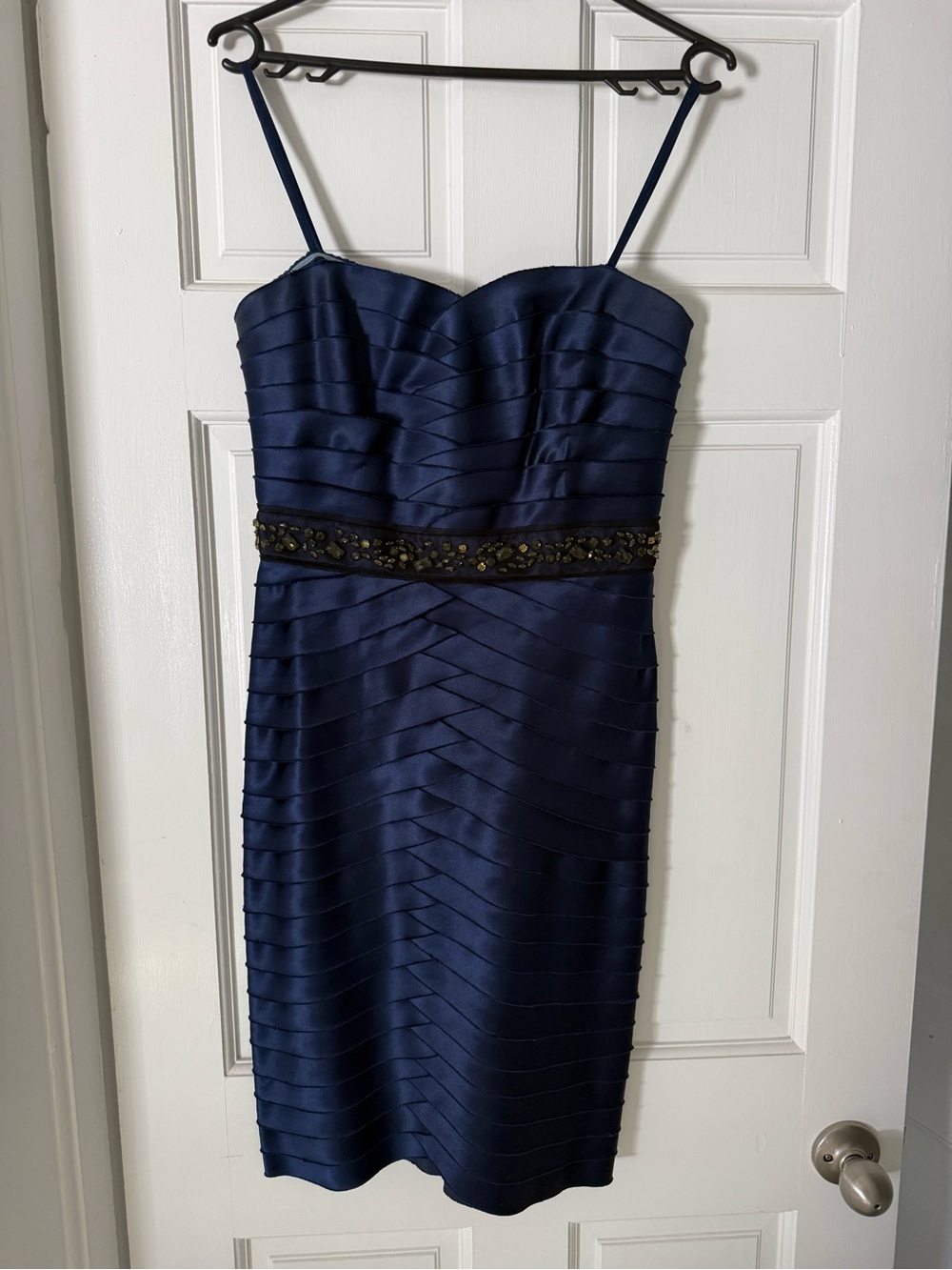 BCBGMaxAzria Navy Satin Strapless Midi Dress with Beaded Waist